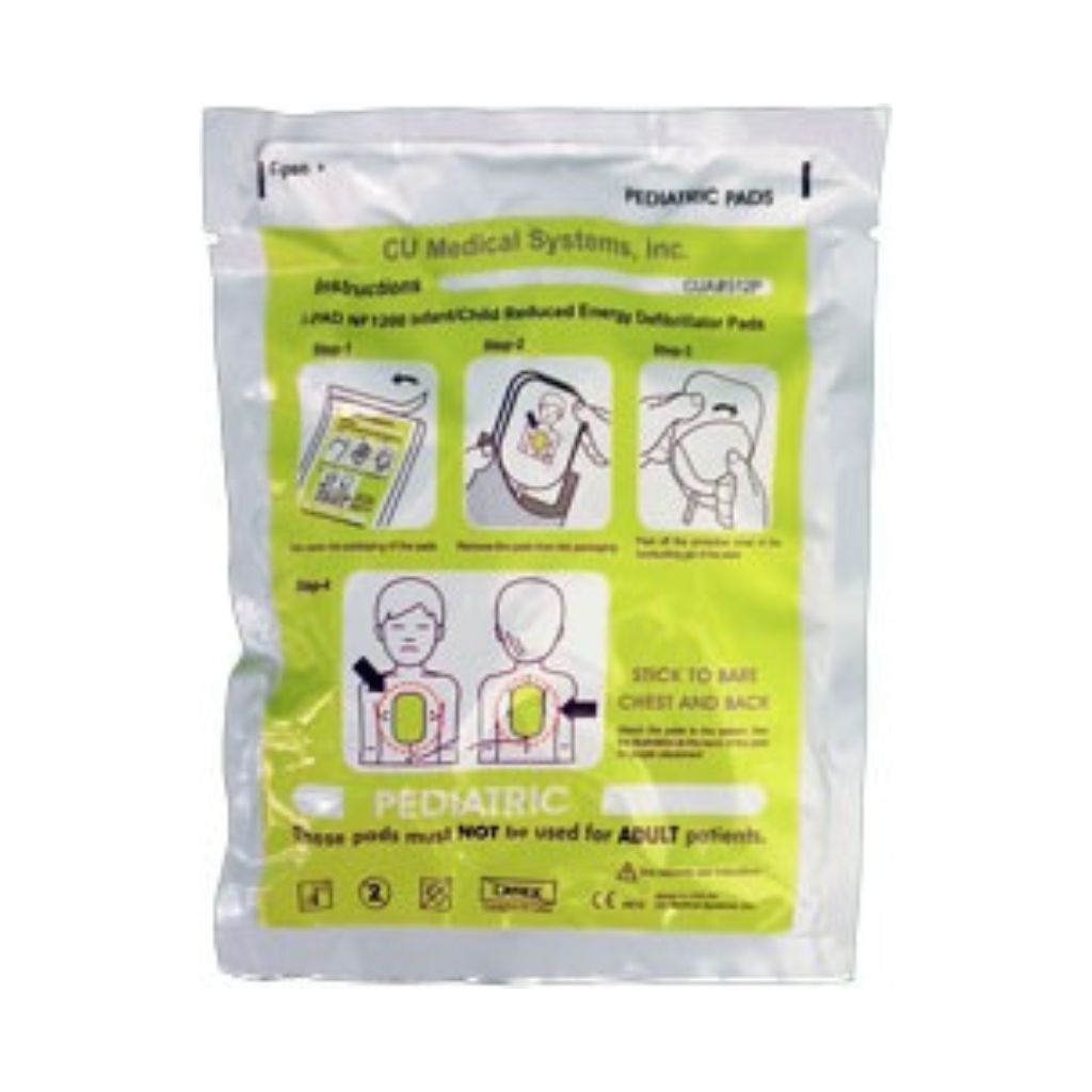 Package of CU Medical Systems, Inc. pediatric defibrillator pads with instructions on a white background.