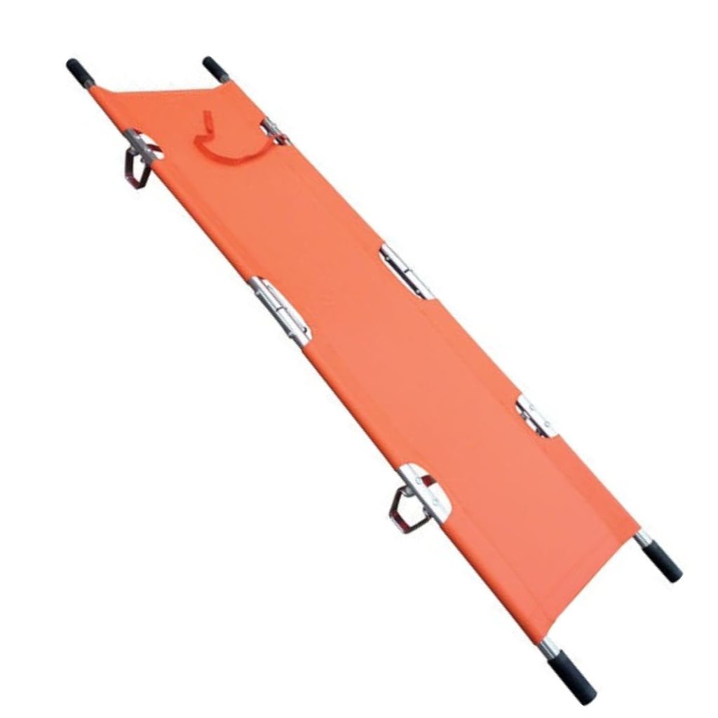 Portable Folding Stretcher with Carry Bag Orange stretcher with black handles on a white background