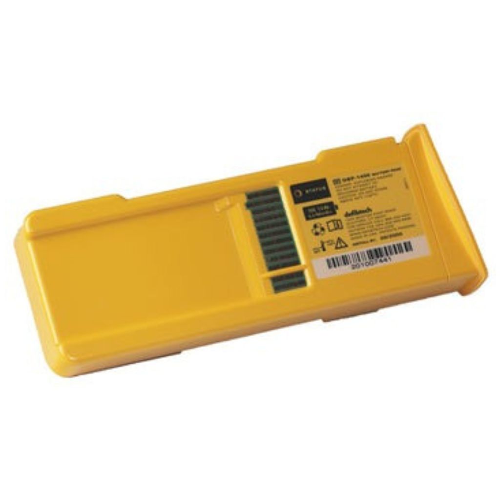Yellow battery pack with labels on a white background