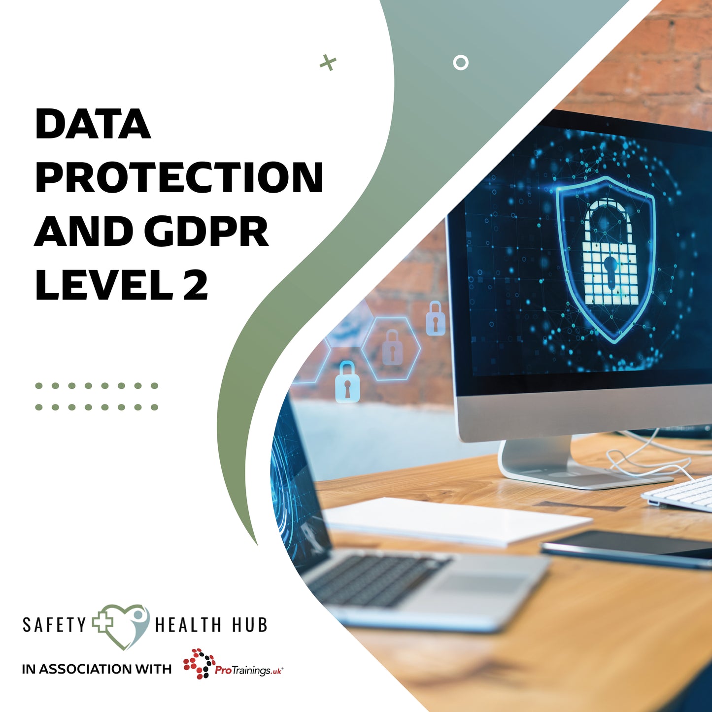 Computer setup on a desk with 'Data Protection and GDPR Level 2' text and Safety Health Hub logo.