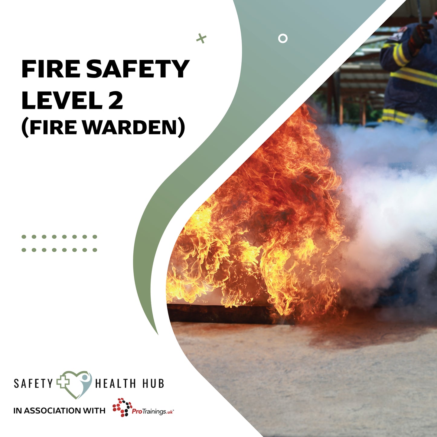 Fire safety Level 2 training material with flames and a fire warden in the background.