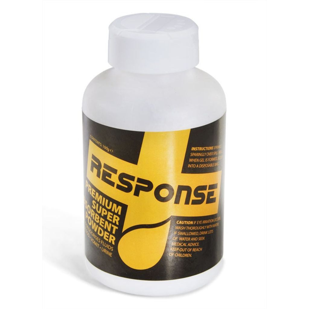 Response super absorbent powder 100g is an essential component of body fluid spill kits and sharps handling kits designed to help workers safely manage hazardous spills such as blood, vomit, and discarded needles.