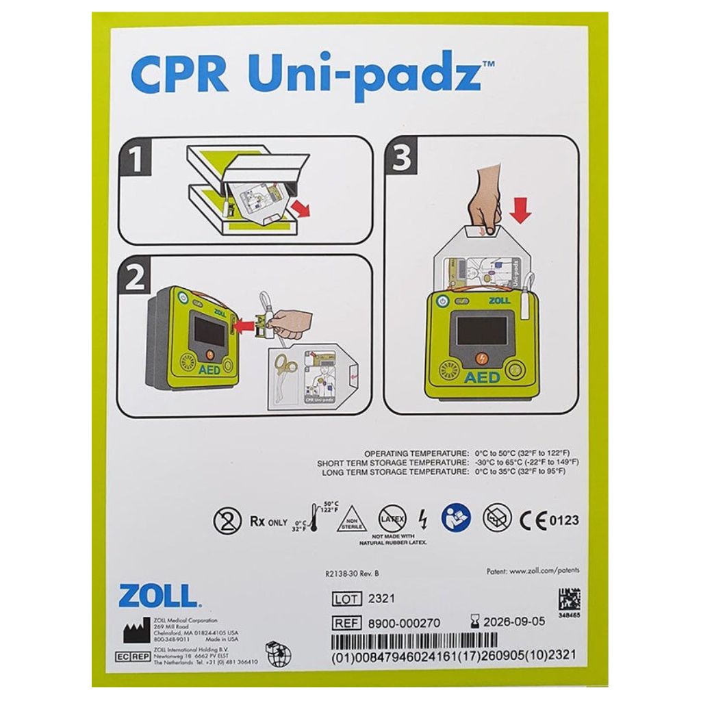CPR Uni-padz packaging with ZOLL branding and instructions on a white background