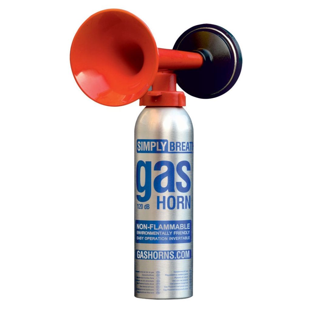 Gas horn with red mouthpiece and silver canister on a white background