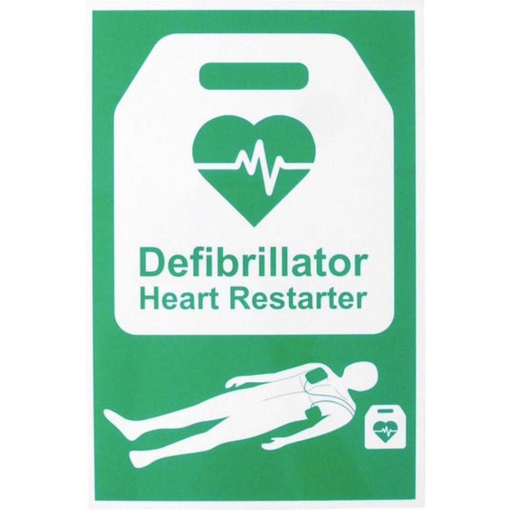Green and white defibrillator sign with heart icon and text