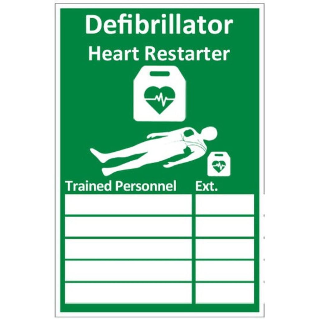 Green sign with defibrillator and heart restorer symbols on a white background