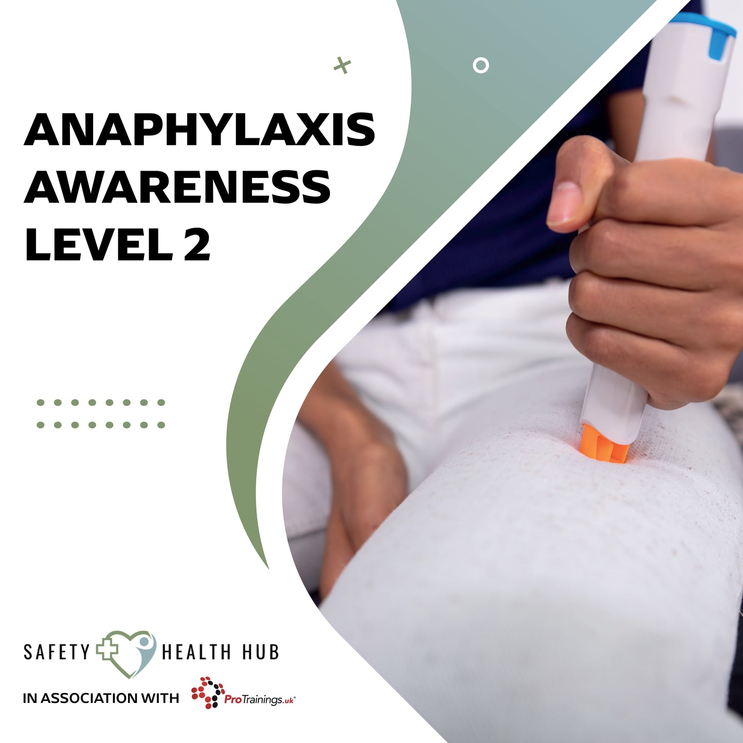 Anaphylaxis awareness level 2 training material with a person holding an epinephrine auto-injector.