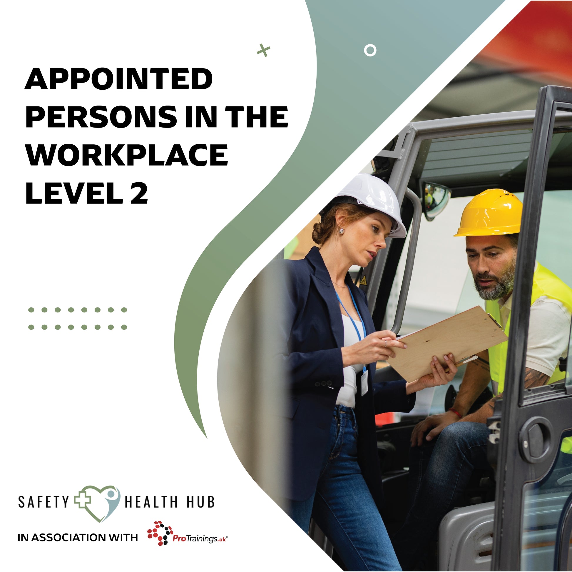 Two individuals in safety gear with a clipboard, associated with 'Safety Health Hub' and 'ProTrainings.uk'.