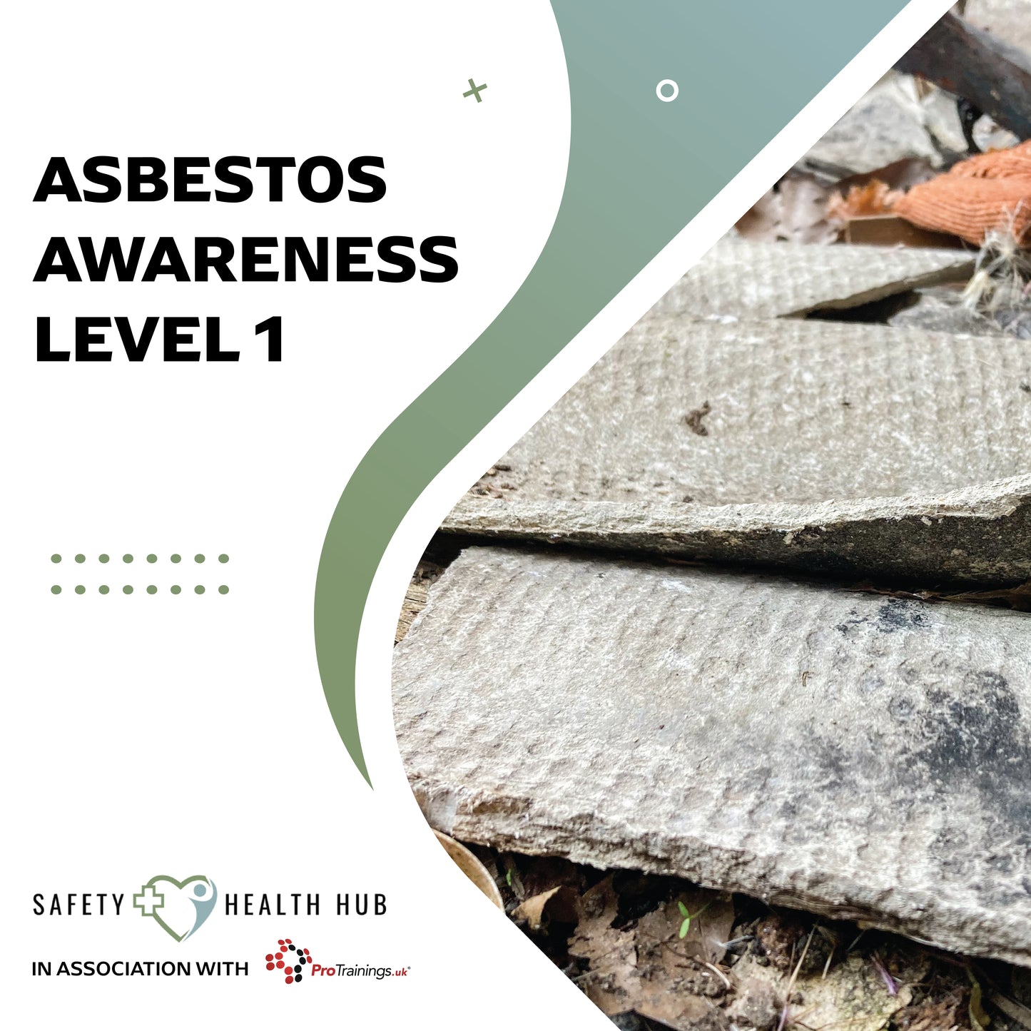 Asbestos awareness level 1 course material with asbestos fibers on a white background.