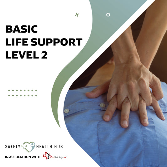 Person performing chest compressions on a blue shirt with 'Safety Health Hub' branding.