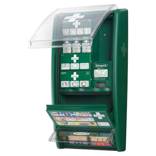 The Cederroth First Aid Station (CD29) offers a complete solution for various first aid needs. It includes bloodstoppers, burn gel dressings, cleansing sprays, plasters, and protection items to handle a wide range of emergencies.
