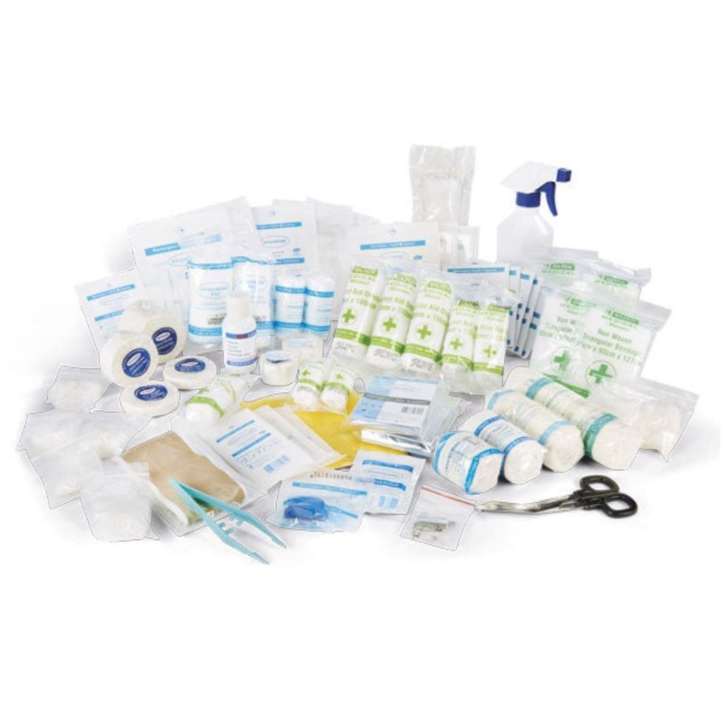 First aid kit with various supplies on a white background