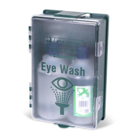The Click Medical Eyewash Boxed Station is a compact and portable solution for emergency eye irrigation. It includes two 500ml eyewash solution bottles and two eye bandages, all housed in a clear plastic carry case.