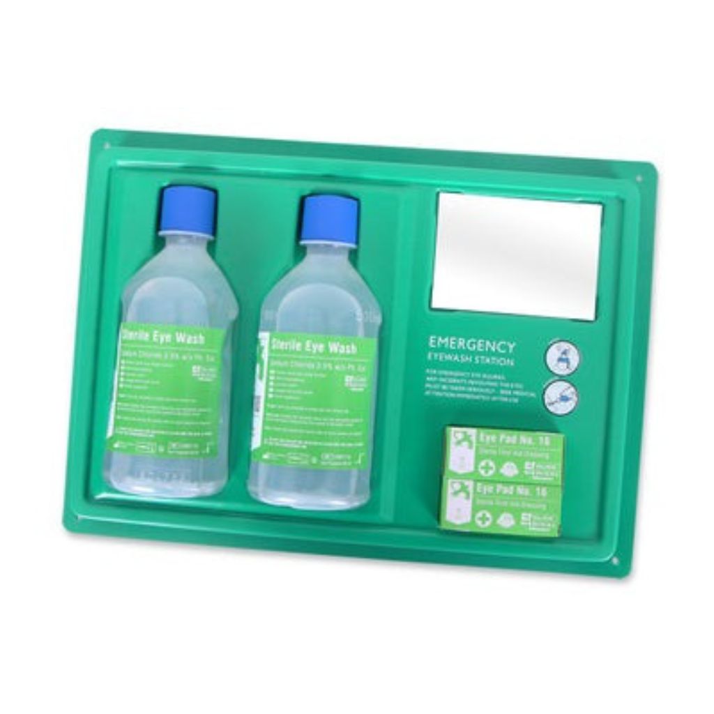 The Click Medical Eyewash Station provides a convenient solution for eye irrigation emergencies. It comes complete with two 500ml sterile solution bottles, eye bandages, and a mirror to assist in self-administration.