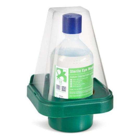 The Click Medical Single Eyewash Stand is a wall-mounted unit designed to securely hold a 500ml eyewash bottle. It features a clear clip-tight cover to protect the bottle while ensuring quick and easy access in case of an emergency.