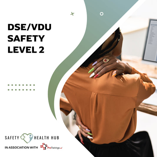 Person wearing a brown shirt with text about DSE/VDU safety level 2, associated with Safety Health Hub.