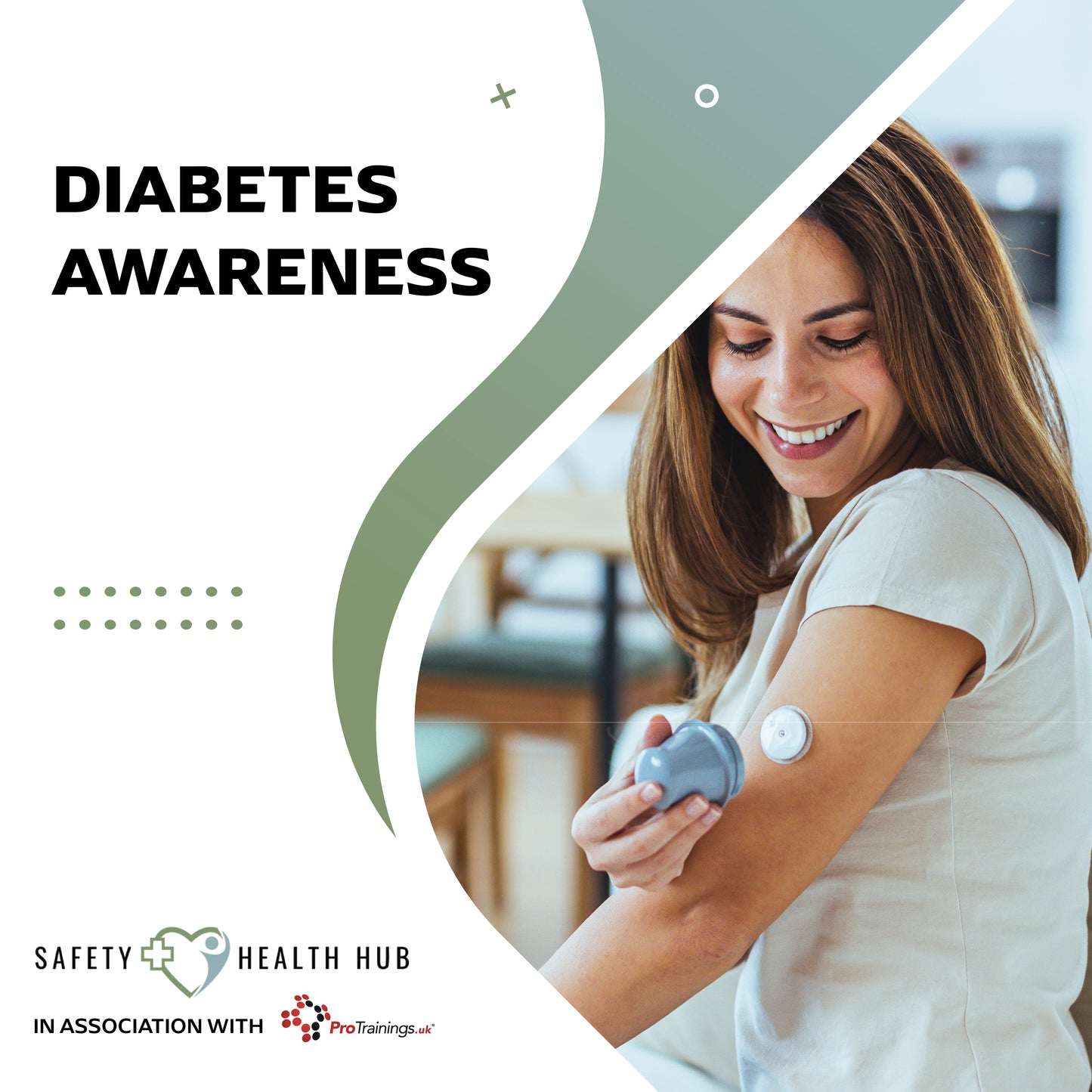 Woman with diabetes monitoring device on arm, Diabetes Awareness text, Safety Health Hub logo