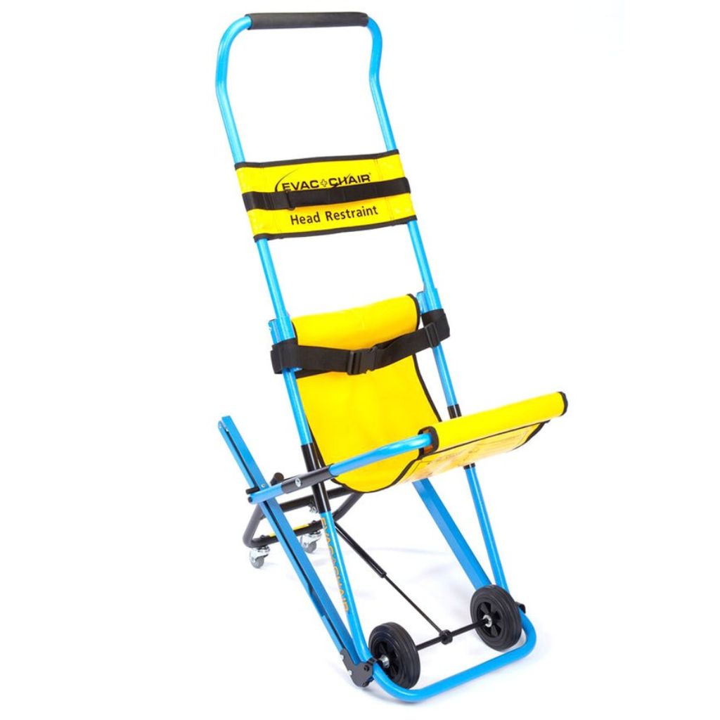 Yellow and blue evacuation chair with head restraint on a white background