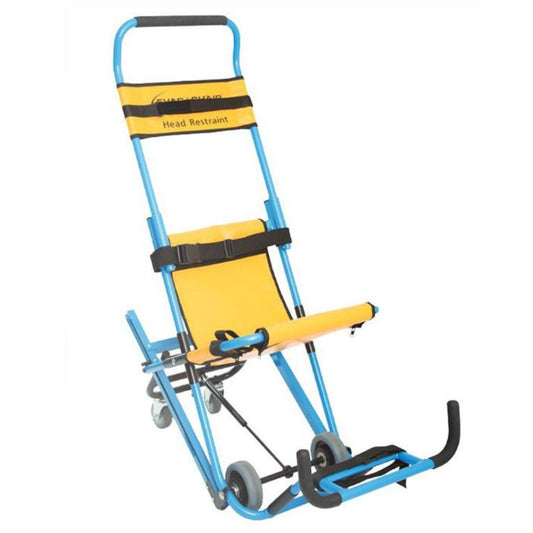 Blue and yellow rescue stretcher with head restraint on a white background