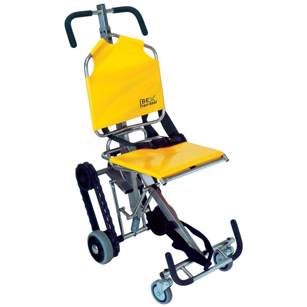 Yellow patient lift chair with BEX logo on a white background
