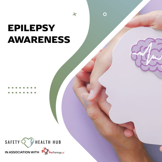 Epilepsy awareness poster with hands holding a brain-shaped object on a white background.