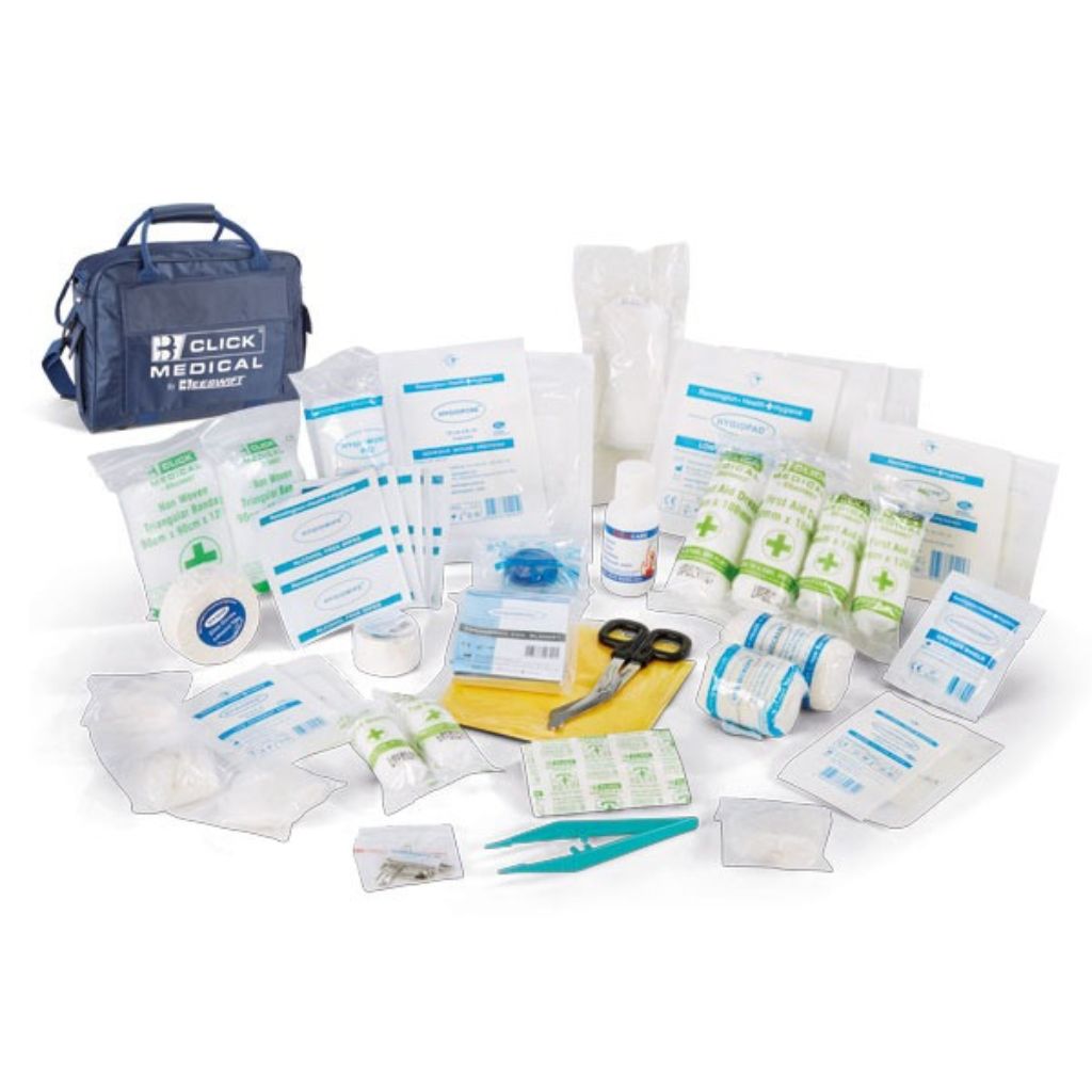 First aid kit with medical supplies on a white background, featuring Click Medical branding.