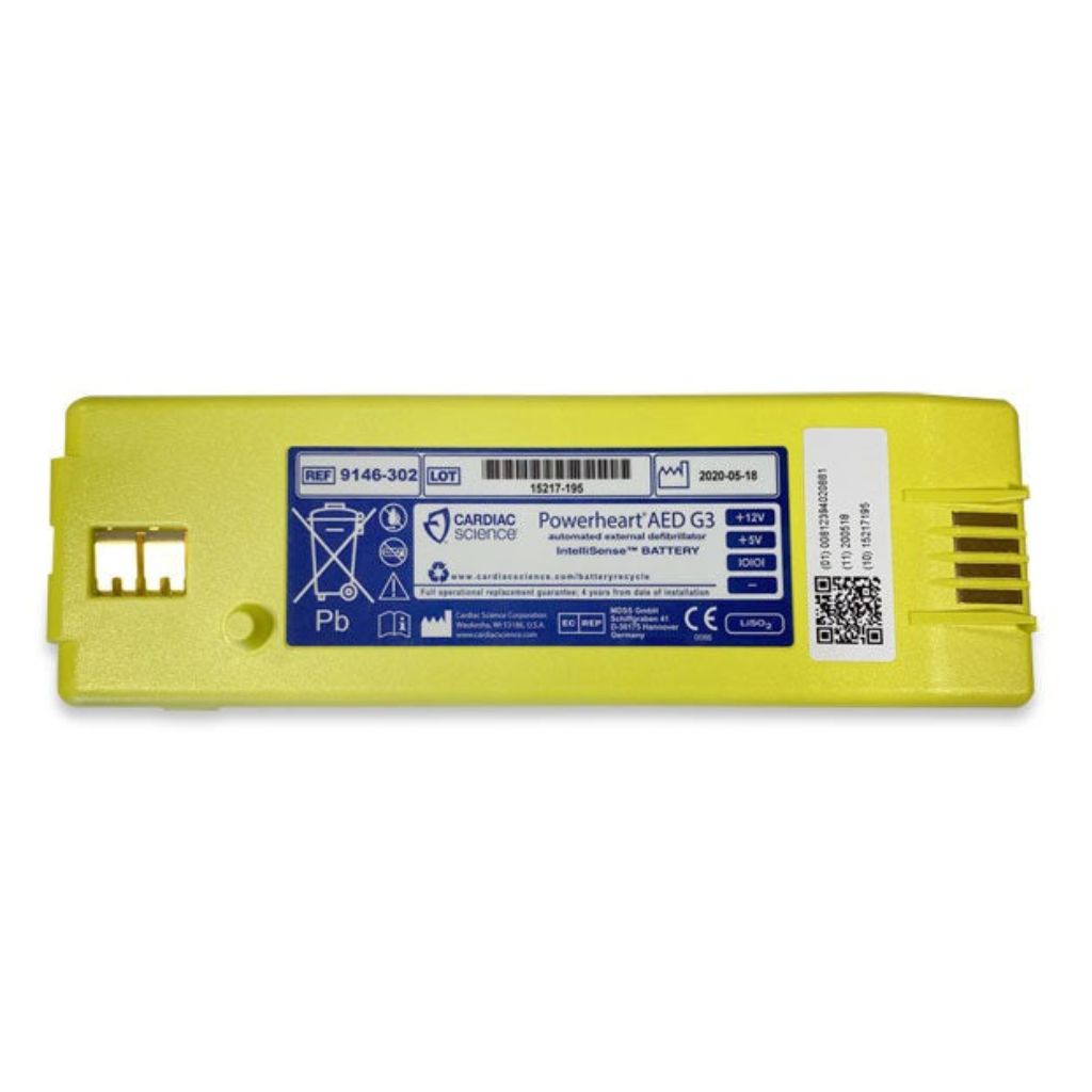 Yellow battery pack with label on a white background