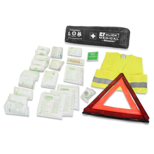 First aid kit, warning triangle, and high-visibility vest on a white background