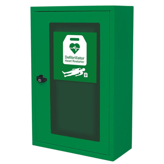 Green wall-mounted defibrillator cabinet with a clear door displaying a defibrillator icon.