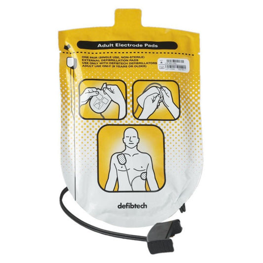 Yellow and white packaging of adult electrode pads for defibrillators with instructions on a white background.