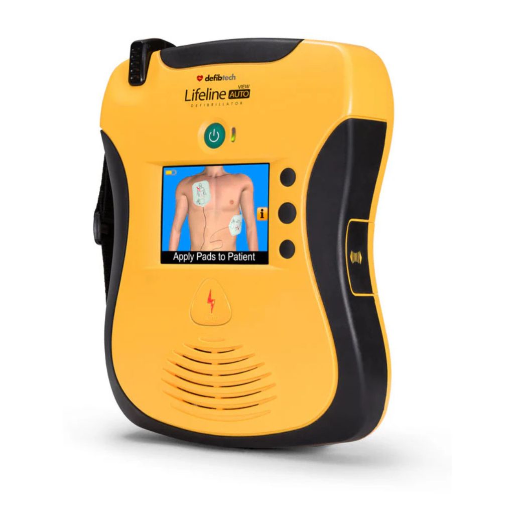 Yellow and black defibrillator with a screen displaying instructions on a white background