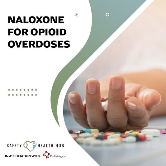 Advertisement for Naloxone for opioid overdoses with a hand holding pills and the Safety Health Hub logo.