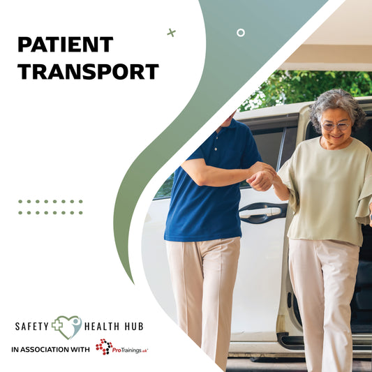 Person assisting an elderly woman out of a car with 'Patient Transport' text and Safety Health Hub logo.