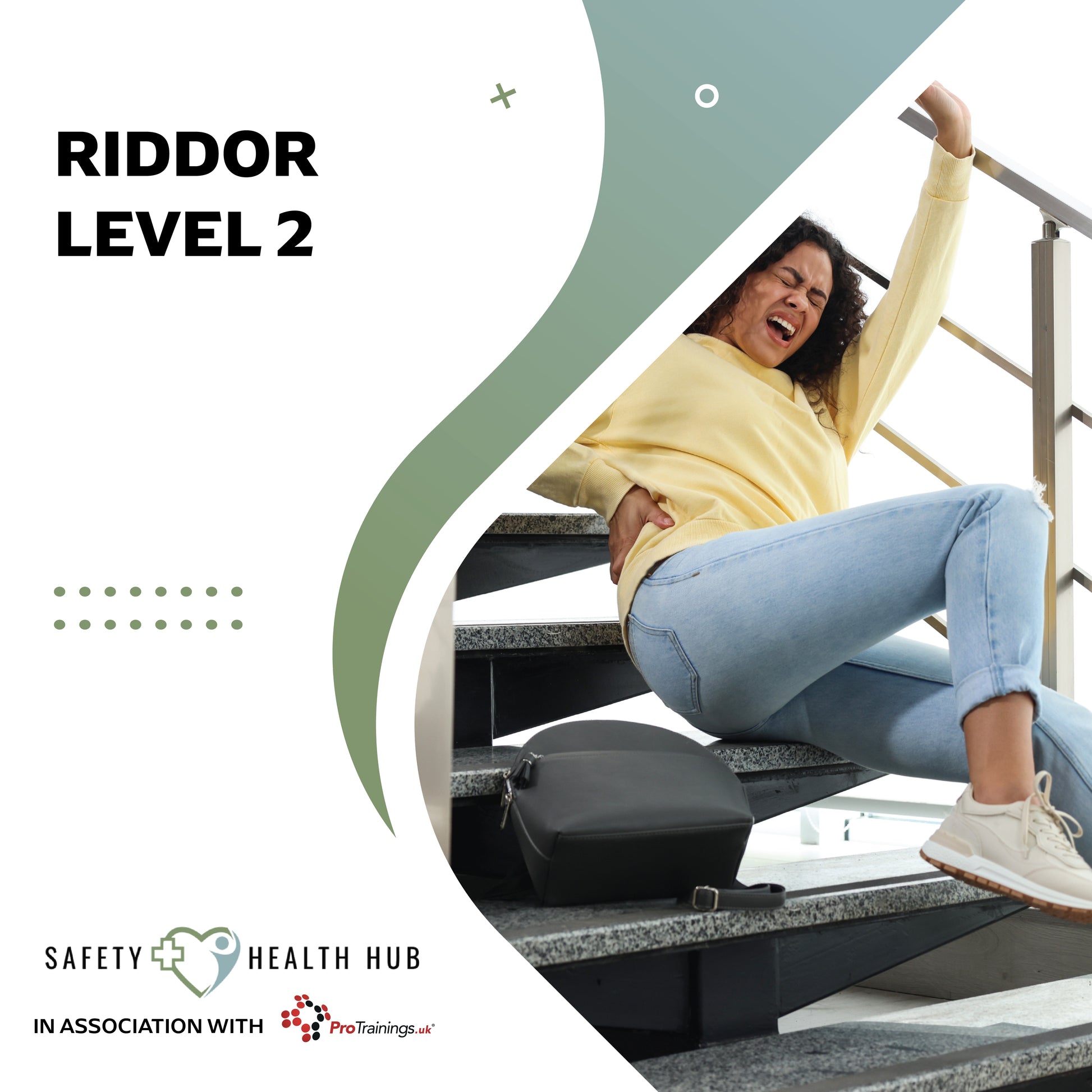 Person on stairs with text 'Riddor Level 2' and 'Safety Health Hub' branding.