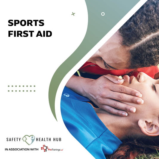 Person providing first aid to another person with text 'Sports First Aid' and 'Safety Health Hub' branding.