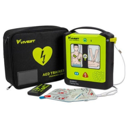 Vivest AED trainer with carrying case on a white background