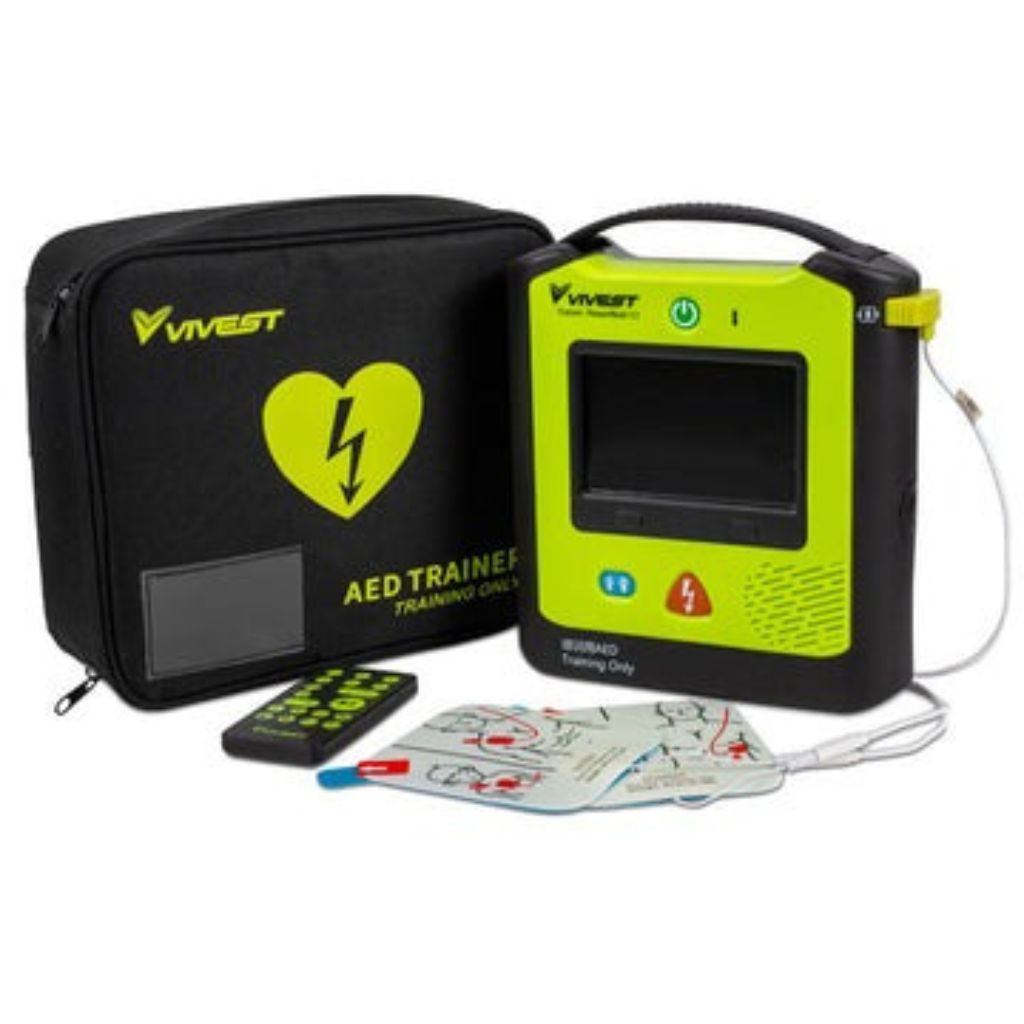 Vivest AED trainer with carrying case on a white background