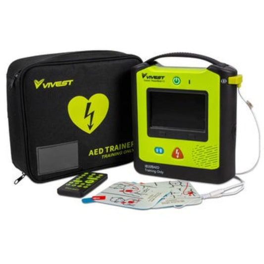Vivest AED trainer with carrying case on a white background