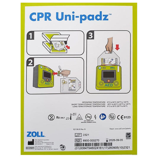 CPR Uni-padz packaging with ZOLL branding and instructions on a white background