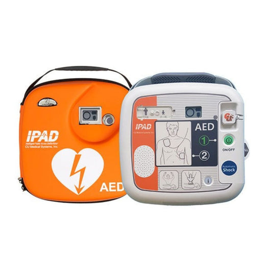 IPAD AED device with orange carrying case on a white background