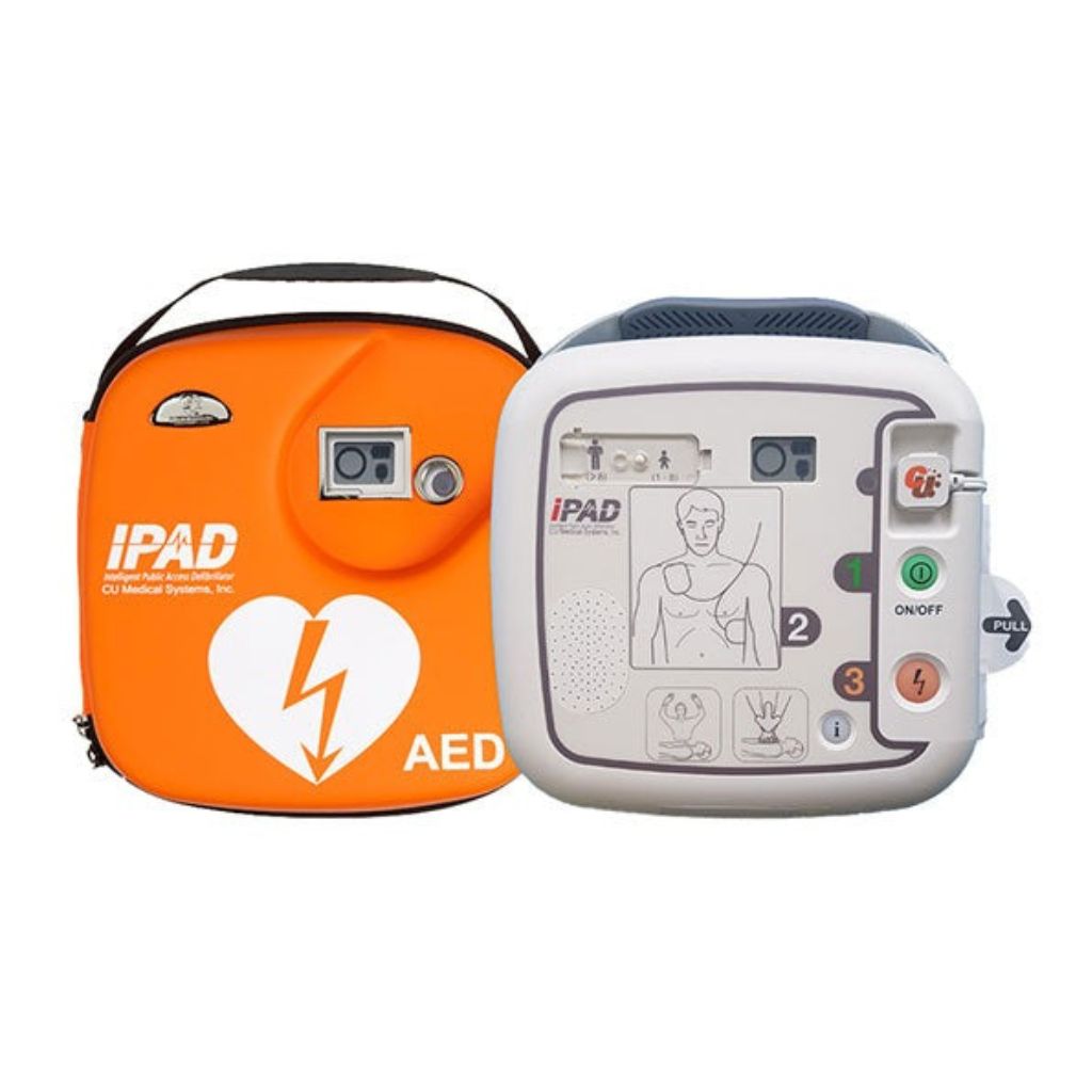 IPAD AED device and carrying case on a white background