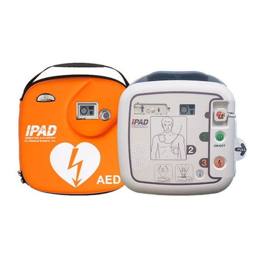 IPAD AED device and carrying case on a white background