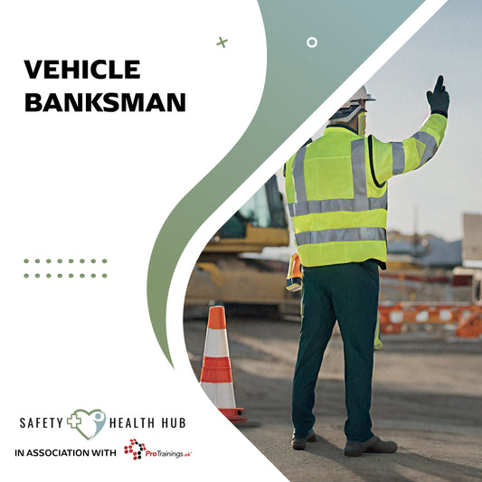 Person in high-visibility safety gear directing traffic with construction equipment in the background, featuring 'Safety Health Hub' branding.
